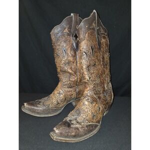 Corral vintage Patch Work Embroidered Western Boot Brown Leather Men 7.5D 40.5EU
